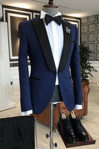 Bespoke Navy Blue One Button Black Peaked Lapel Men Suits