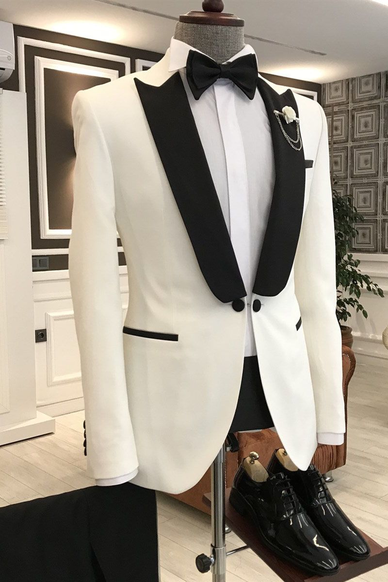 Classic White One Button Black Peaked Lapel Men Suits Main image