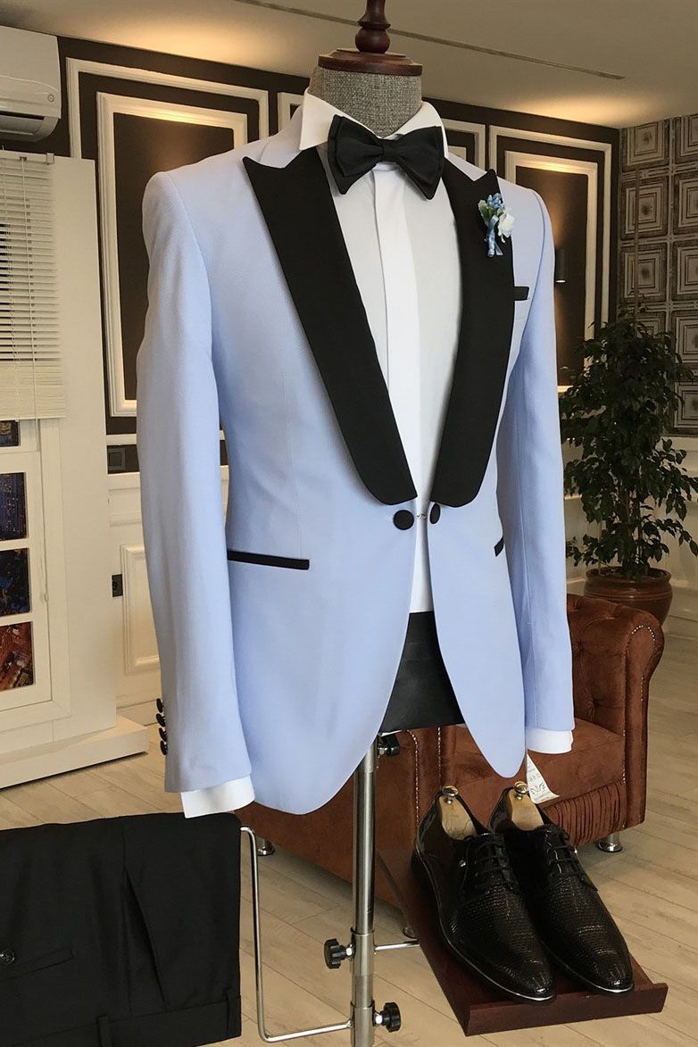 Fancy Sky Blue One Button Black Peaked Lapel Men Suits Main image