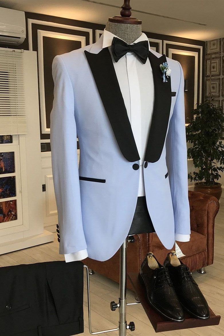 Fancy Sky Blue One Button Black Peaked Lapel Men Suits