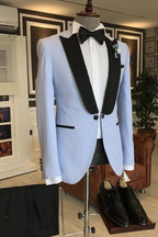Fancy Sky Blue One Button Black Peaked Lapel Men Suits