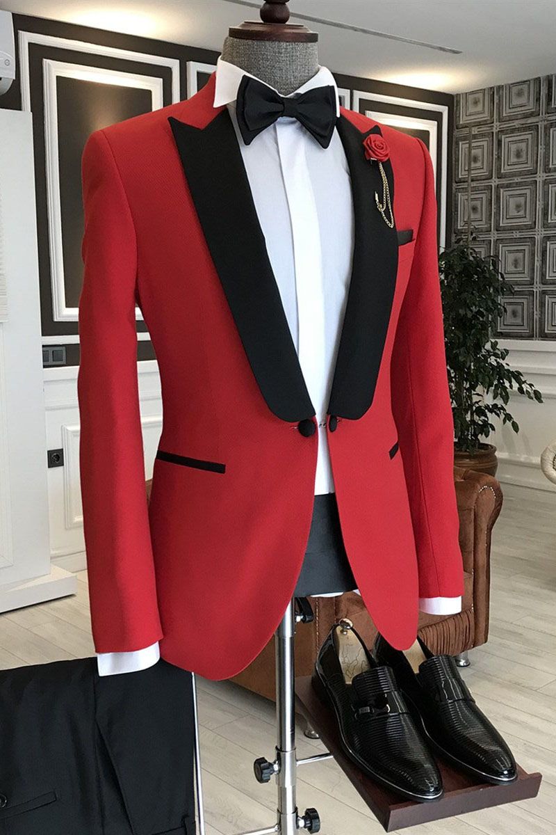Popular Red One Button Black Peaked Lapel Men Suits Main image