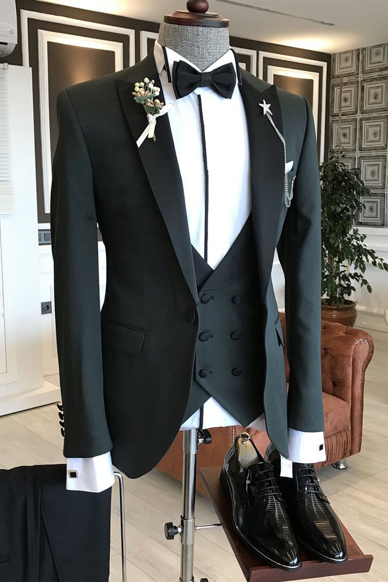 Best Fitted Dark Green 3 Piece Black Peaked Lapel Men Suits