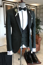 Best Fitted Dark Green 3 Piece Black Peaked Lapel Men Suits