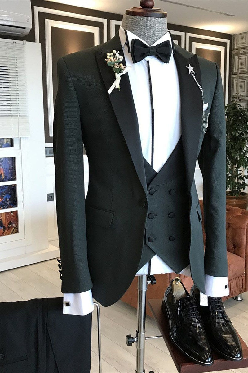 Best Fitted Dark Green 3 Piece Black Peaked Lapel Men Suits