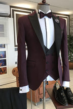 Burgundy Peaked Lapel Men Suits With Double Breasted Waistcoat