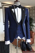 Dark Blue Peaked Lapel Men Suits With Double Breasted Waistcoat