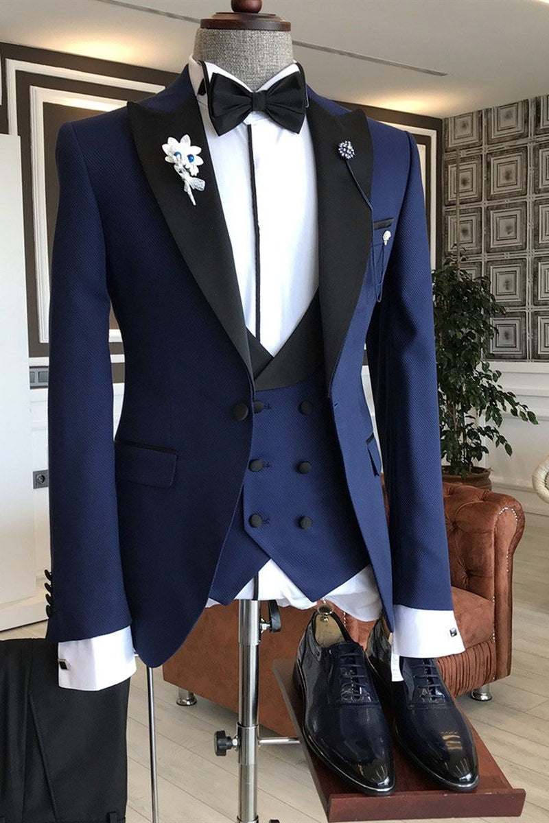 Dark Blue Peaked Lapel Men Suits With Double Breasted Waistcoat