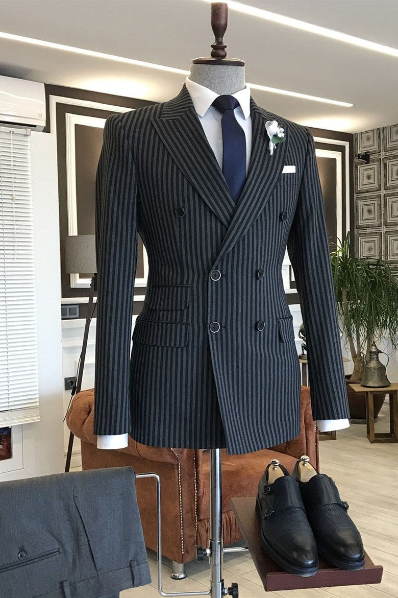 Black Popular Striped Peaked Lapel Double Breasted Suits For Men Secondary image