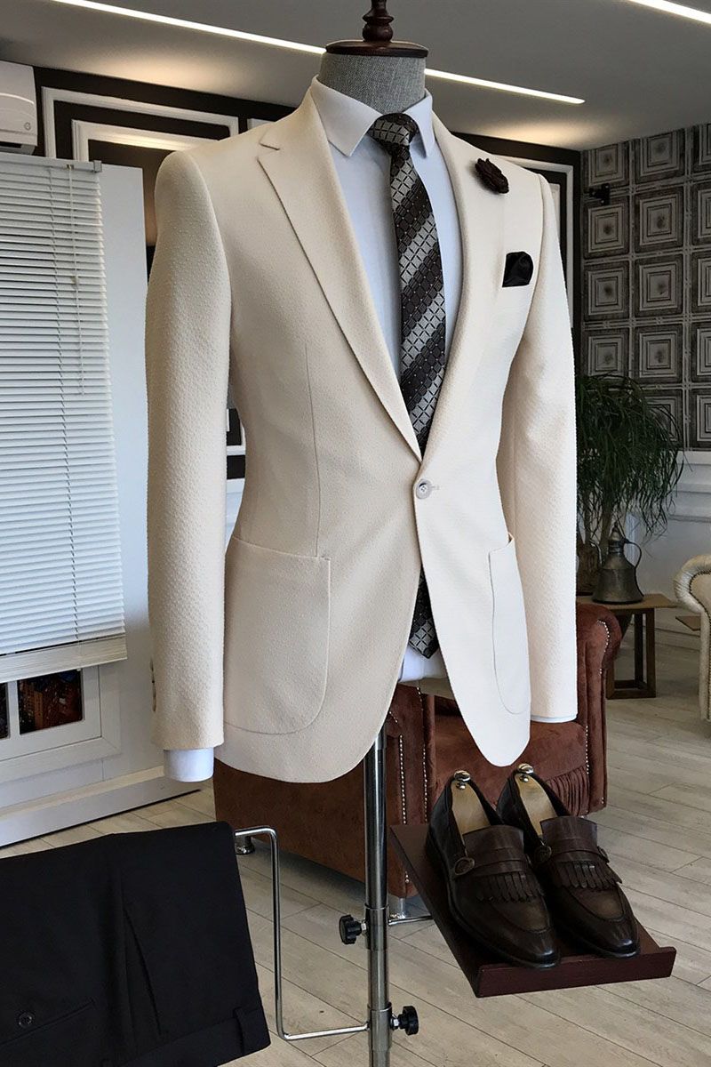 Cream White One Button Notched Lapel Suits For Men Main image