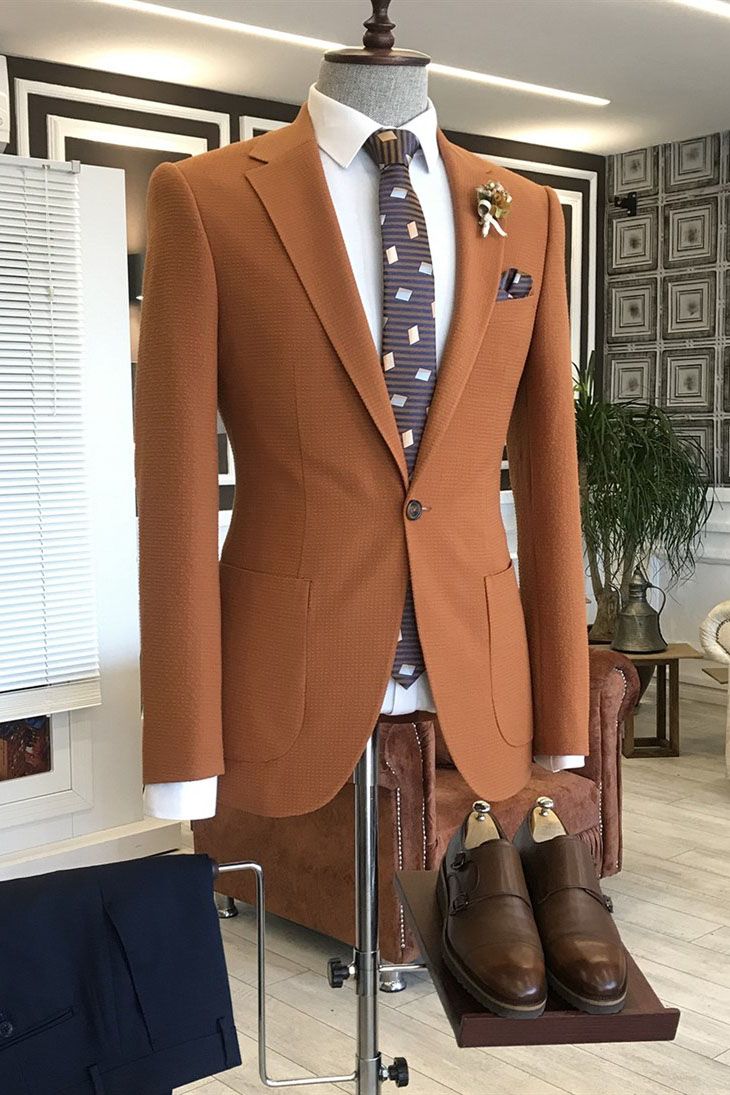 Bespoke One Button Camel Notched Lapel Suits For Men