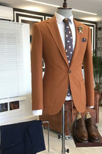 Bespoke One Button Camel Notched Lapel Suits For Men