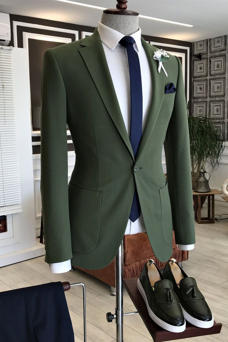 Stylish One Button Olive Green Notched Lapel Suits For Men Main image
