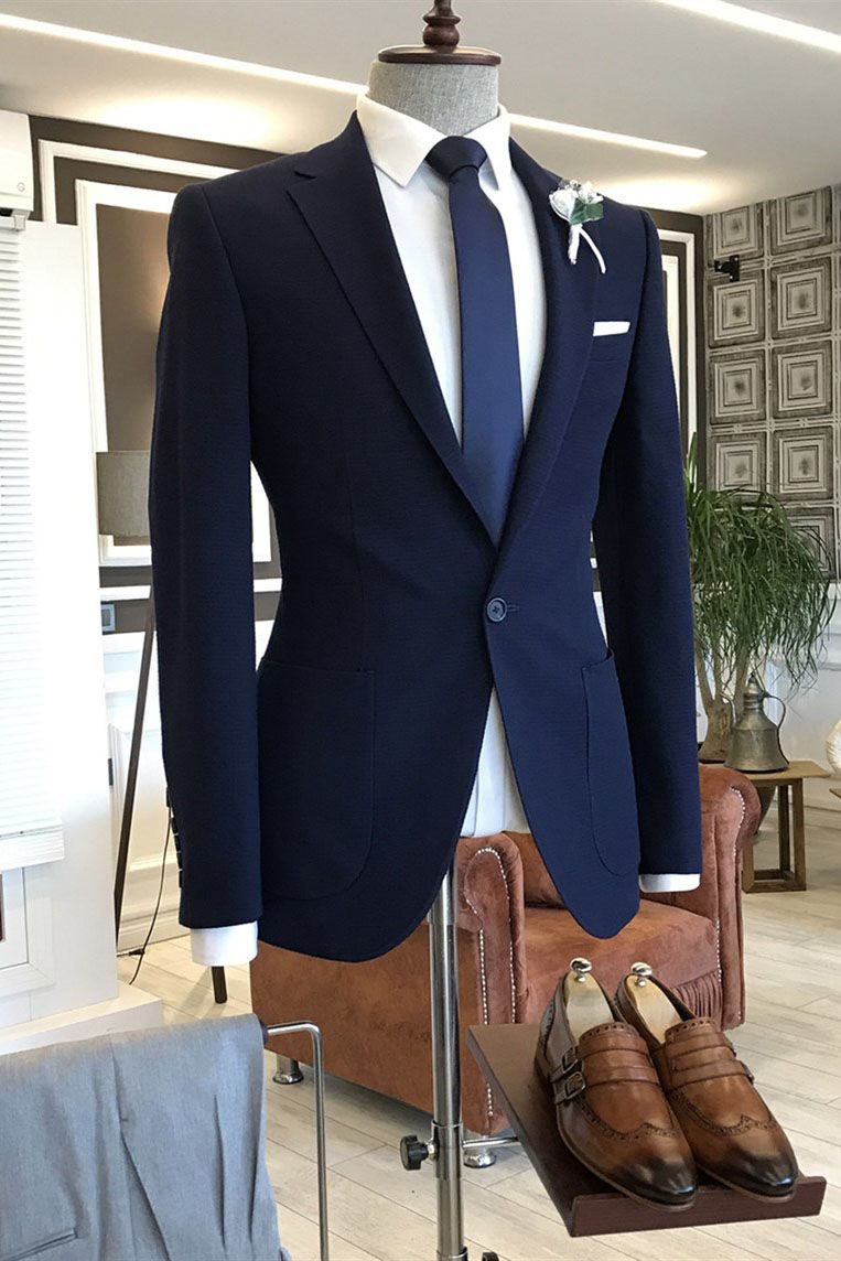 Dark Navy Blue One Button Notched Lapel Men Suits