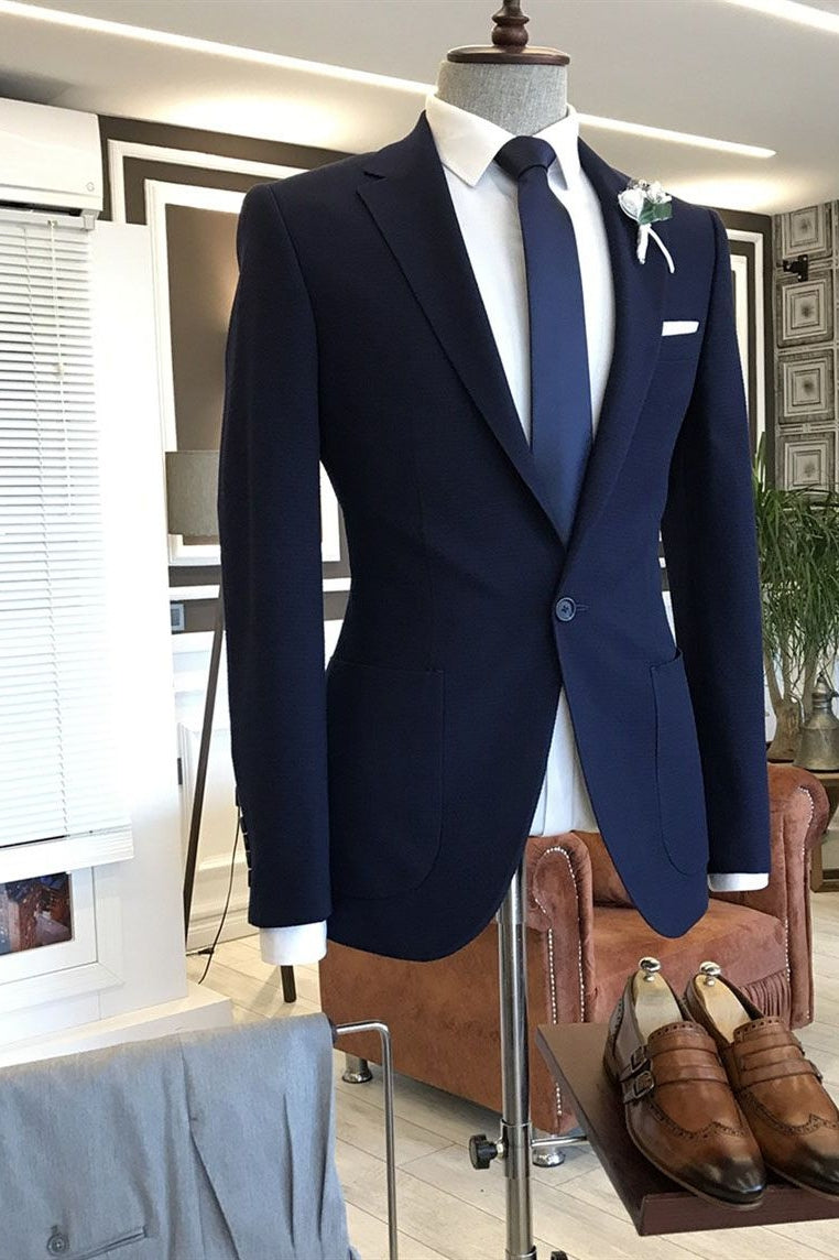 Dark Navy Blue One Button Notched Lapel Men Suits