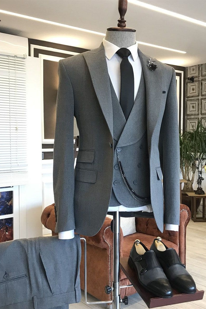 Medium Gray One Button Peaked Lapel Men Suits With Waistcoat