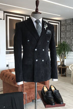 Black Corduroy Double Breasted Peaked Lapel Men Suits