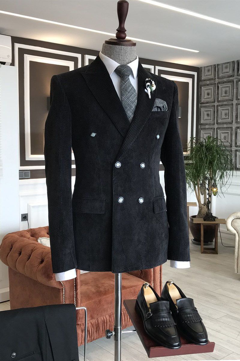 Black Corduroy Double Breasted Peaked Lapel Men Suits