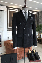 Black Corduroy Double Breasted Peaked Lapel Men Suits