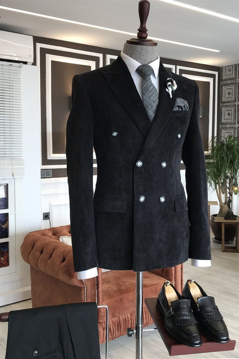 Black Corduroy Double Breasted Peaked Lapel Men Suits