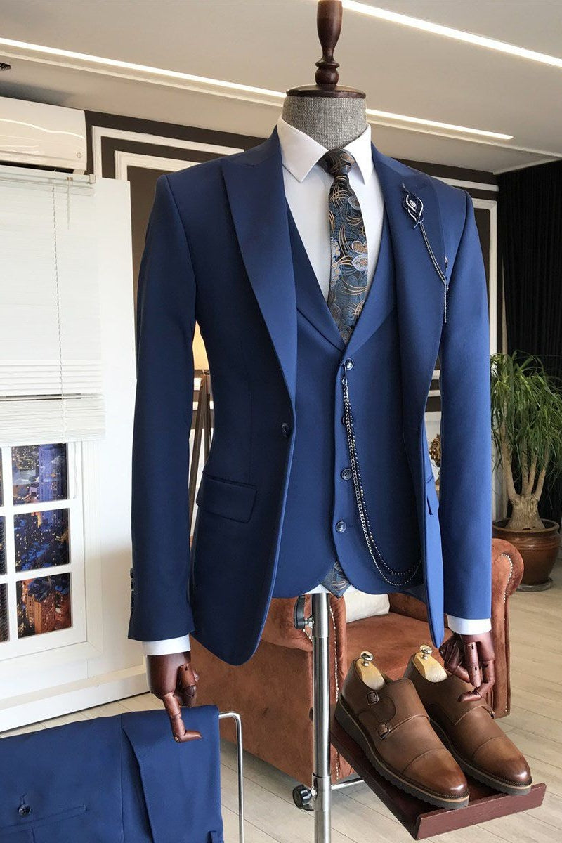 Dark Blue 3 Piece Peaked Lapel Bespoke Men Suits