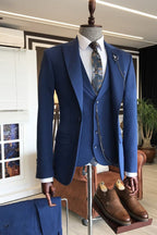 Dark Blue 3 Piece Peaked Lapel Bespoke Men Suits