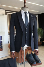 Simple Dark Navy 3 Piece Peaked Lapel Men Suits