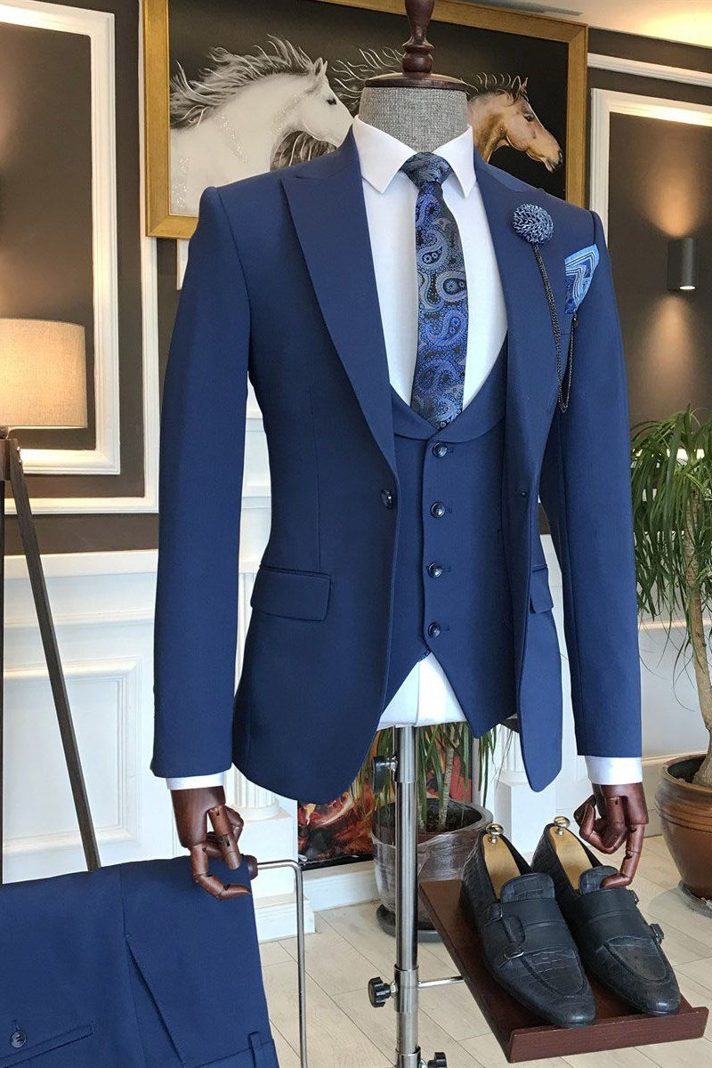Dark Blue 3 Piece Peaked Lapel Slim Fit Men Suits