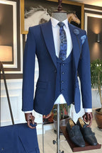 Dark Blue 3 Piece Peaked Lapel Slim Fit Men Suits