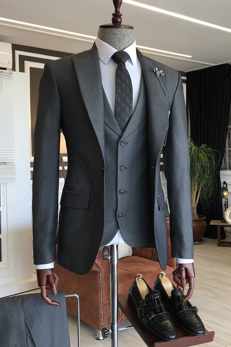 Dark Gray 3 Piece Peaked Lapel One Button Men Suits Main image