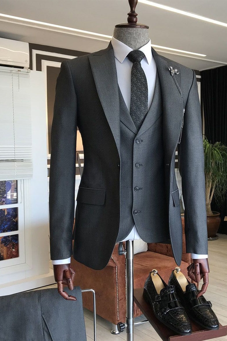 Dark Gray 3 Piece Peaked Lapel One Button Men Suits