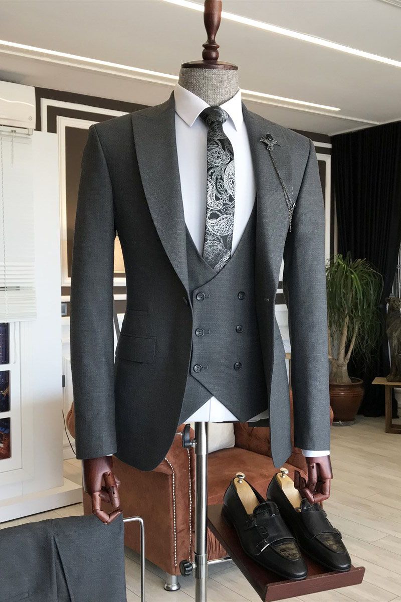Medium Dark Gray 3 Piece Peaked Lapel One Button Men Suits Main image