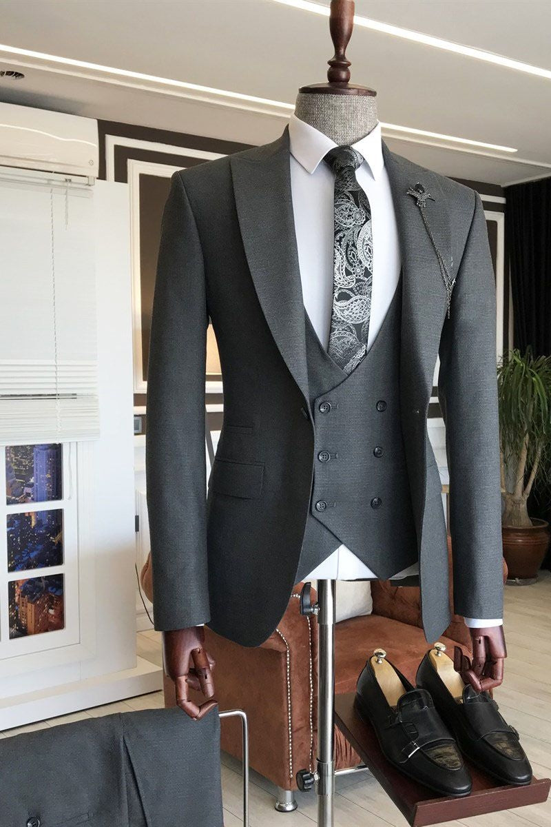 Medium Dark Gray 3 Piece Peaked Lapel One Button Men Suits Secondary image