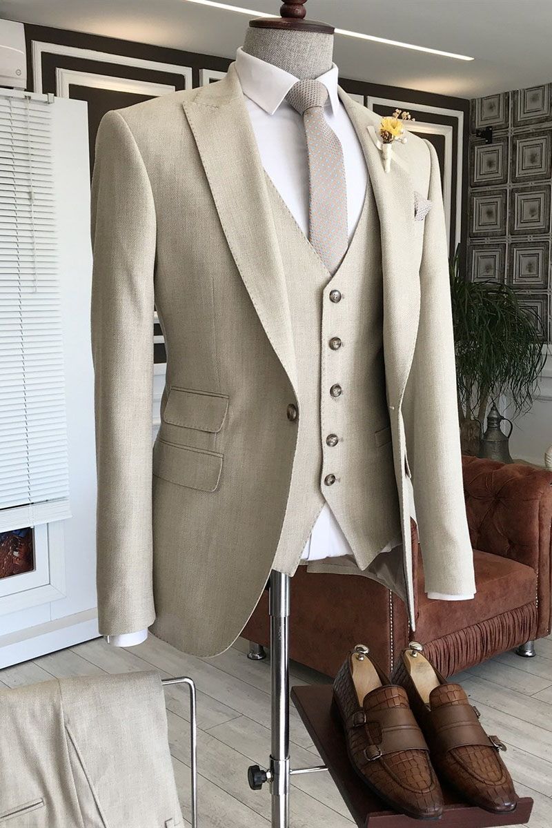 One Button Light Beige 3 Piece Peaked Lapel Men Suits