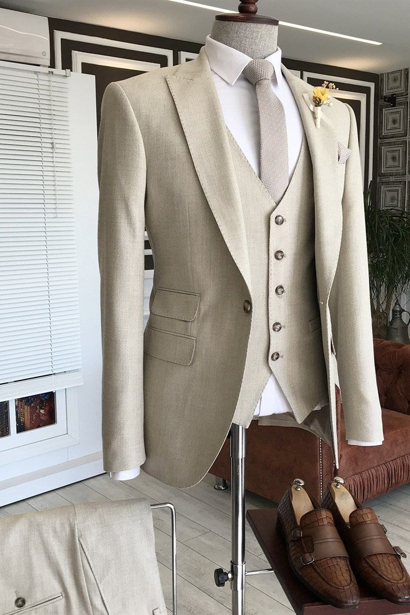 One Button Light Beige 3 Piece Peaked Lapel Men Suits