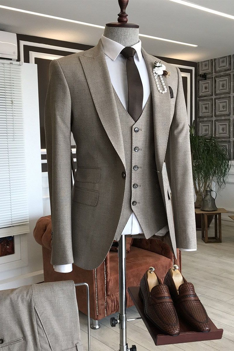One Button Taupe 3 Piece Peaked Lapel Chic Men Suits
