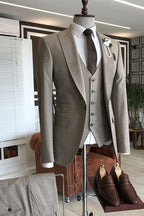 One Button Taupe 3 Piece Peaked Lapel Chic Men Suits