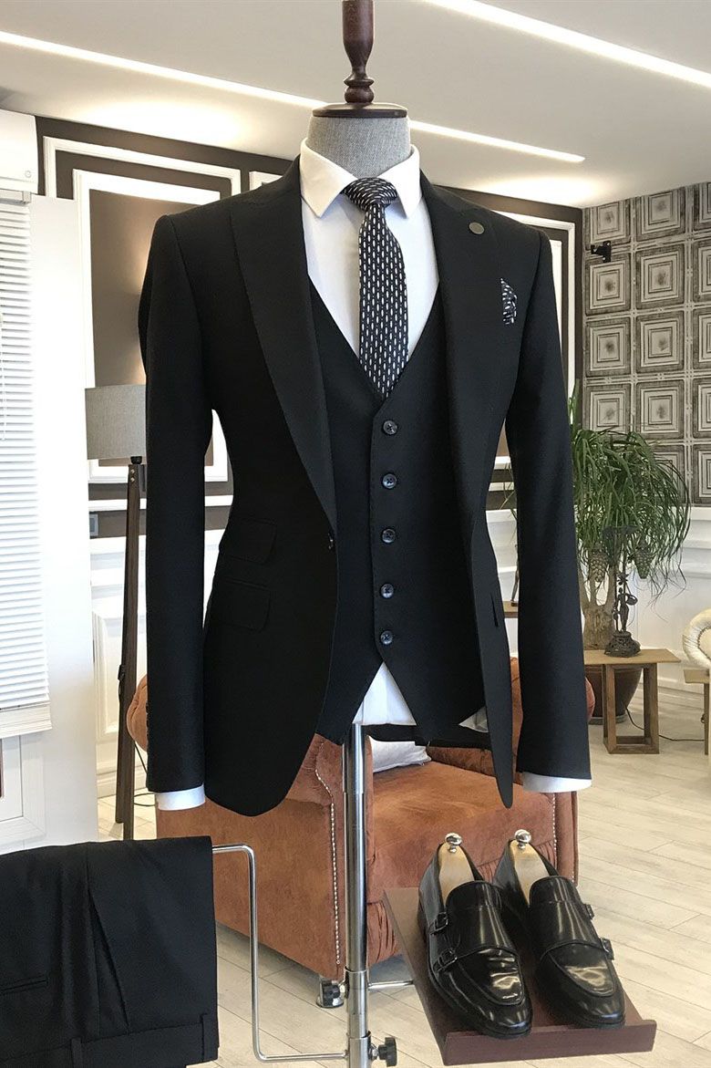 One Button Black 3 Piece Peaked Lapel Classy Men Suits Main image