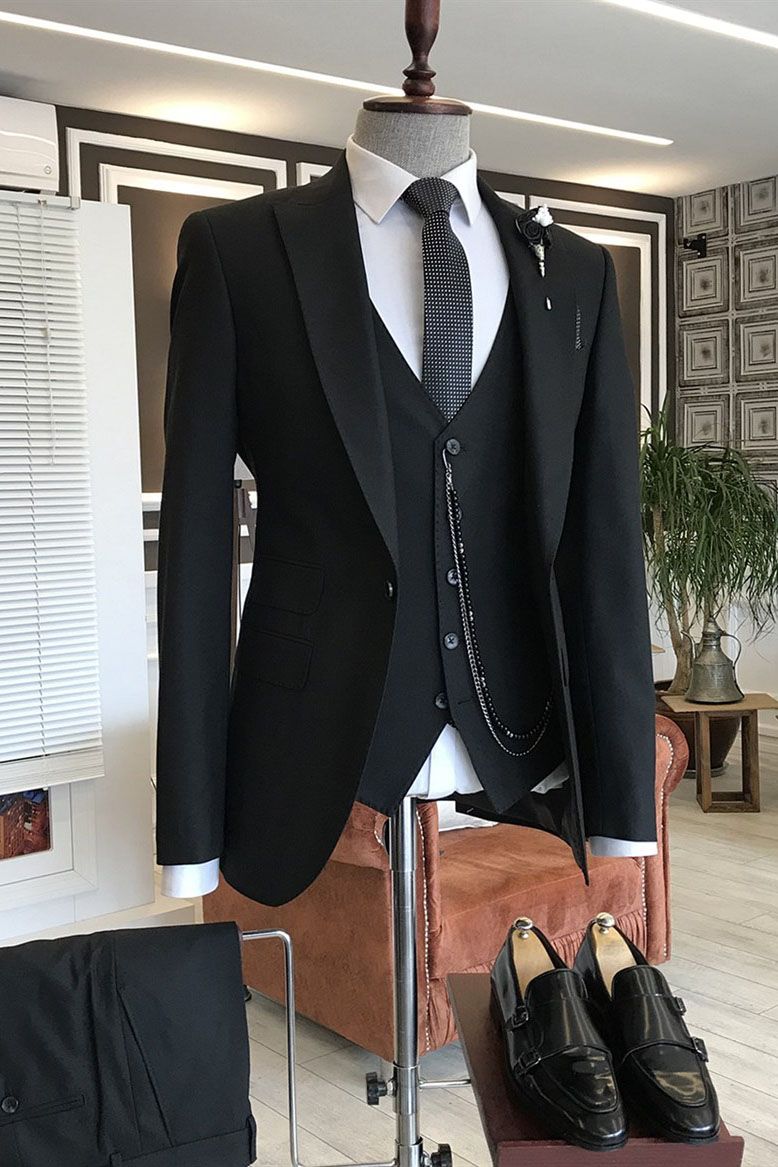 Solid Black One Button 3 Piece Peaked Lapel Men Suits Main image