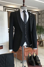 Solid Black One Button 3 Piece Peaked Lapel Men Suits
