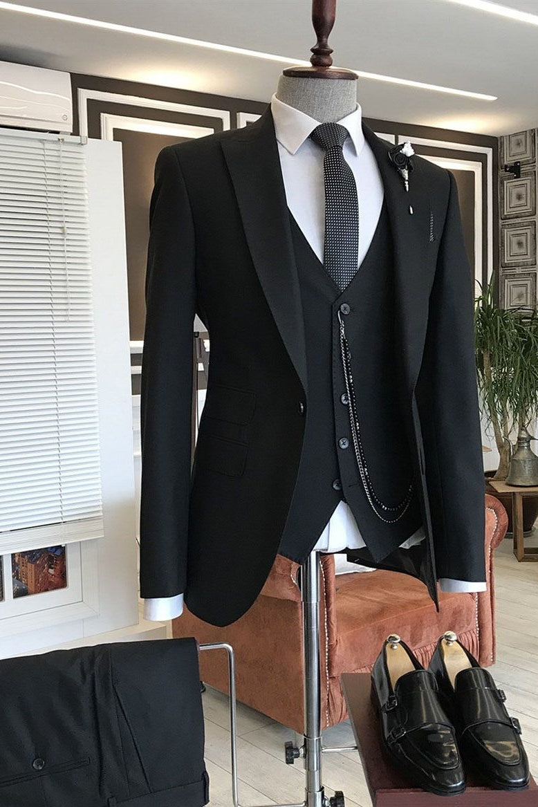 Solid Black One Button 3 Piece Peaked Lapel Men Suits