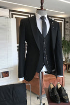 Solid Black One Button 3 Piece Peaked Lapel Men Suits