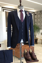 Fashion Navy One Button 3 Piece Peaked Lapel Men Suits