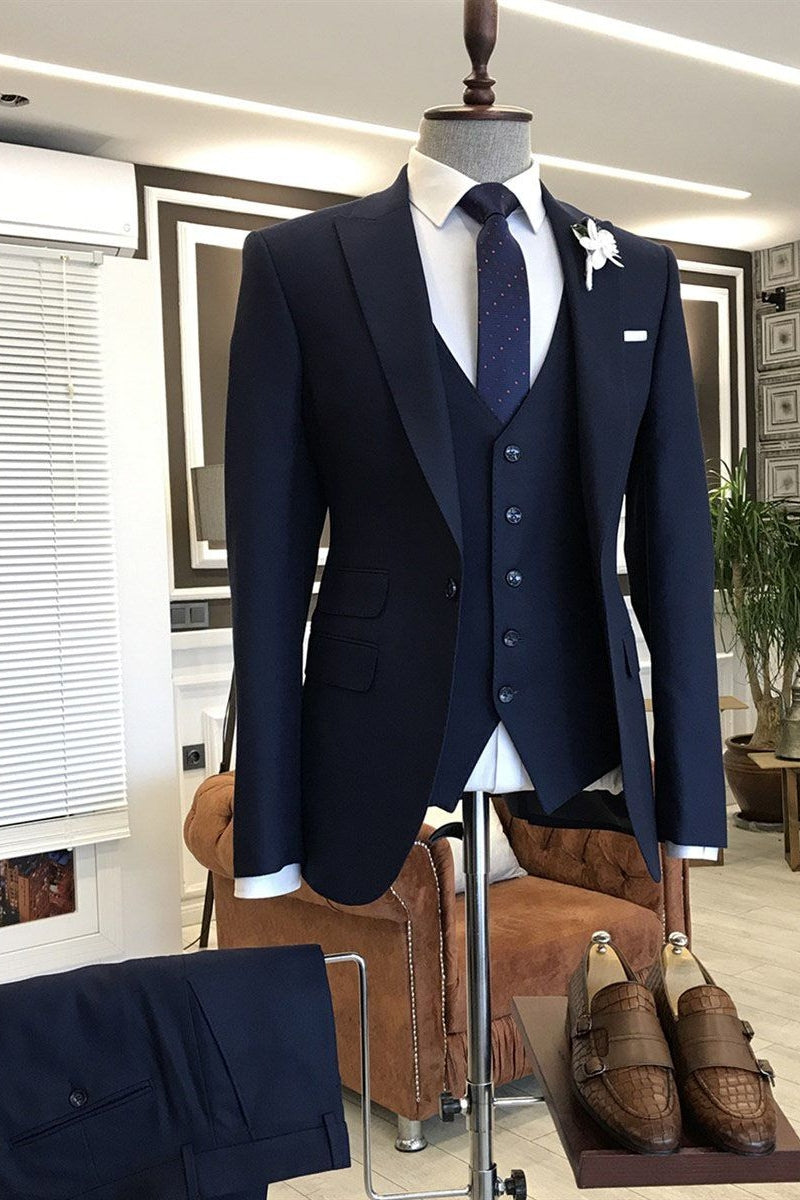 Trendy Navy One Button 3 Piece Peaked Lapel Men Suits Secondary image