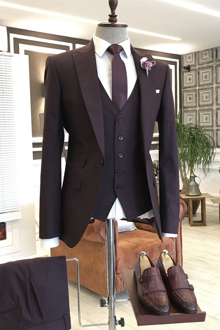 Chocolate Brown One Button 3 Piece Peaked Lapel Men Suits