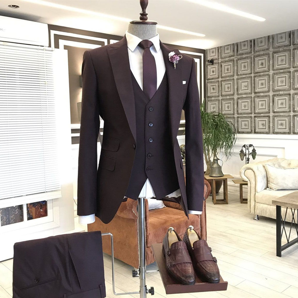 Chocolate Brown One Button 3 Piece Peaked Lapel Men Suits