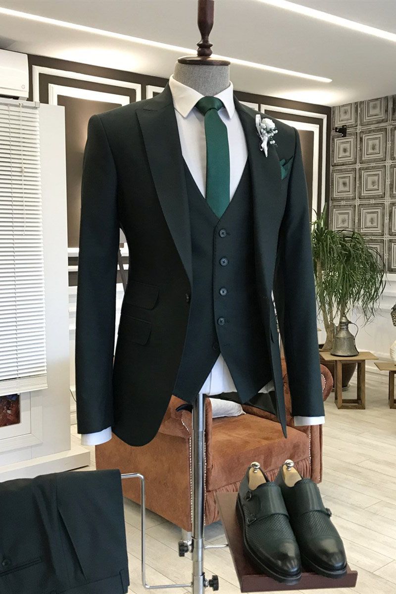 Dark Green One Button Peaked Lapel Men Suits With Waistcoat