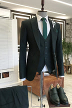 Dark Green One Button Peaked Lapel Men Suits With Waistcoat