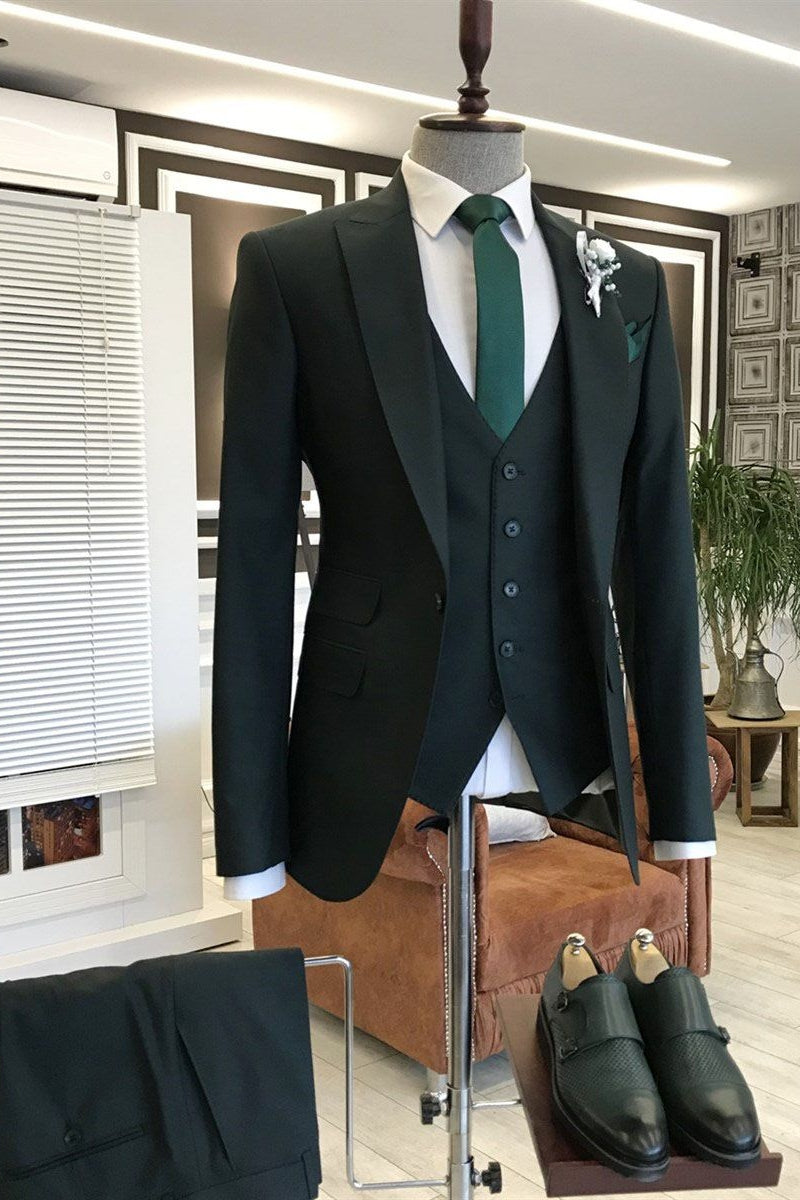 Dark Green One Button Peaked Lapel Men Suits With Waistcoat