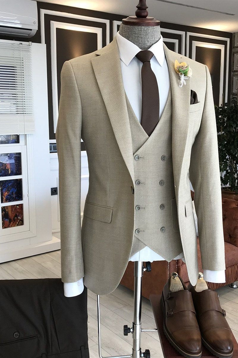 Light Khaki 3 Piece One Button Notched Lapel Men Suits